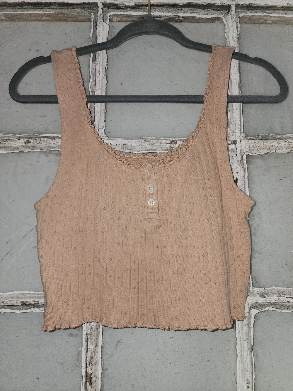 American Eagle Outfitters Ribbed Lace-Trim Tank Top - Beige/Tan